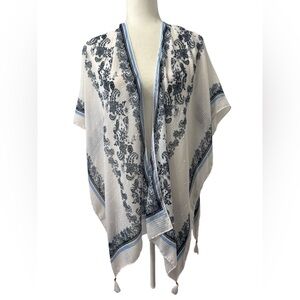 Chicos White and Blue Kimono Shawl One Size